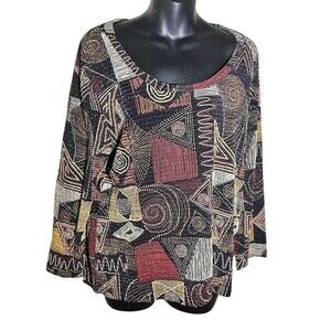 CHICO’S DESIGN Women’s Pullover Top  Black Rust Mustard Metallic Geo Size 3